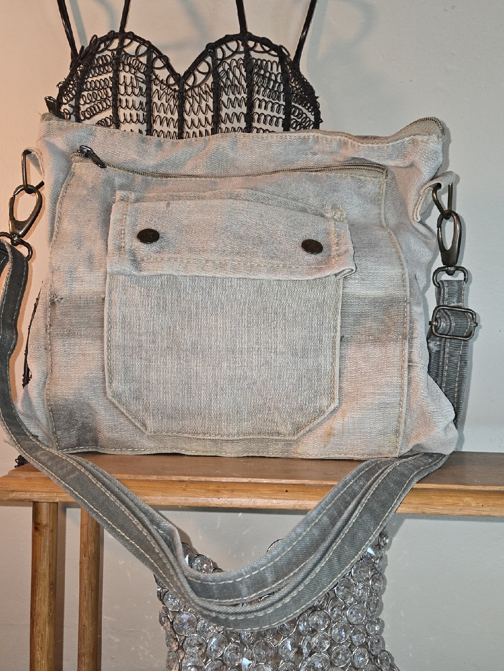 Casual Light Grey Jean Crossbody Bag  -